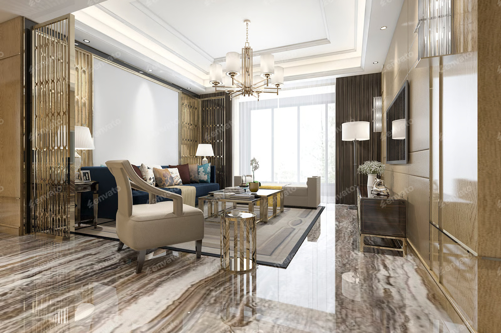 3d rendering luxury classic living room with marble tile and bookshelf Stock Photo, ft. 3d rendering & architecture - Envato