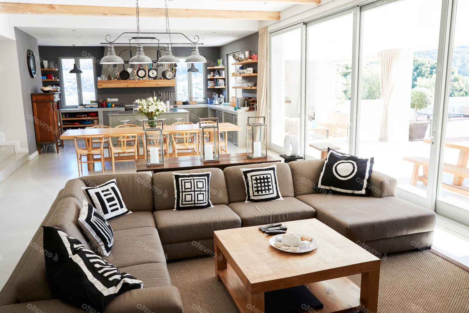 Home Interior With Open Plan Kitchen,Lounge And Dining Area Stock Photo, ft. airy & architecture - Envato