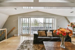 Living room with black leather sofa Stock Photo, ft. apartment & building - Envato