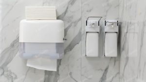 Soap dispensers are mounted on a wall alongside a paper towel Stock Photo, ft. accessibility & area - Envato